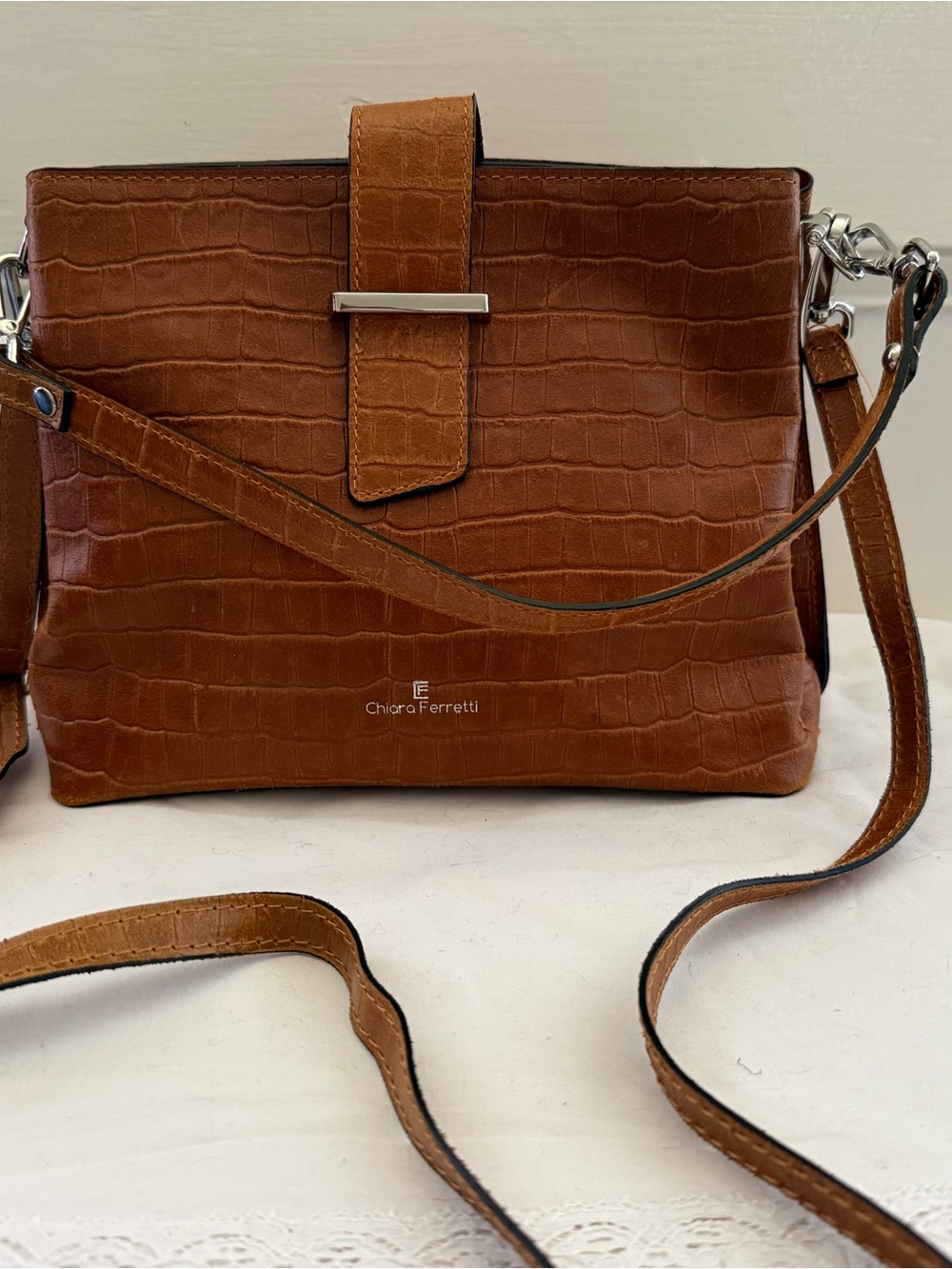 Brown Croc-Embossed Crossbody Bag